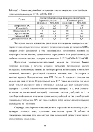 44
Таблица 5 – Изменения урожайности зерновых культур и кормовых трав (ц/га) при
потеплении по сценарию GFDL к 2030 и 2060 гг.
Климатообусловленные изменения урожайности
Регион
Зерновые культуры Кормовые травы
2030-2040 2060-2070 2030-2040 2060-2070
Центральный ФО 3,2 3,0 10,9 14,0
Южный ФО -0,8 -0,6 1,2 1,7
Приволжский ФО 1.8 2,6 9,8 14,3
Уральский ФО 0,6 0,9 3,9 14,9
Сибирский ФО -1,2 -1,2 1,9 6,6
Дальневосточный ФО 1,1 1,4 2,6 6,3
Экспертная оценка вероятности реализации используемых сценариев отдает
предпочтение оптимистическому варианту потепления климата по сценарию GFDL,
который лучше согласуется с уже наблюдаемыми изменениями климата на
территории России. Однако, адаптационные меры должны быть разработаны и для
наиболее пессимистических сценариев аридного типа A1FI /HadCM3 и В2 /HadCM3.
Применение экономико-математической модели по регионам России
позволяет получить в качестве решения параметры региональных систем
земледелия, позволяющих снизить до минимума риски, возникающие в результате
изменений, вызванных реализацией сценариев аридного типа. Рассмотрим в
качестве примера Нечерноземную зону ЕТР России. В результате решения по
модели для ряда регионов Нечерноземной зоны ЕТР России определены значения
долей культур сплошного сева и пропашных культур для двух климатических
сценариев – A1Fi OPT(экономически оптимальный сценарий) и B2 SUS (эколого-
экономически оптимальный сценарий), количество азотных удобрений на 1 га
севооборотной площади, количество органических удобрений на 1 га севооборотной
площади, плотность стада КРС на 1 га посева (доля коров в стаде), выход продукции
скотоводства на 1 га посева.
Структура севооборотного массива региона определена по классам культур –
культуры сплошного сева, пропашные, многолетние травы. В таблице 6
представлена динамика доли многолетних трав как основной параметр адаптации к
климатическим изменениям.
 