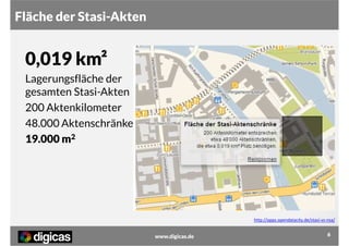 Fläche der Stasi-Akten

0,019 km²
Lagerungsfläche der
gesamten Stasi-Akten
200 Aktenkilometer
48.000 Aktenschränke
19.000 m2

http://apps.opendatacity.de/stasi-vs-nsa/

www.digicas.de

6

 