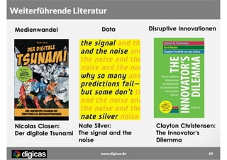 Weiterführende Literatur
Medienwandel

Data

Nate Silver:
Nicolas Clasen:
Der digitale Tsunami The signal and the
noise
www.digicas.de

Disruptive Innovationen

Clayton Christensen:
The Innovator‘s
Dilemma
60

 