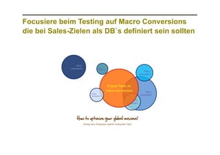Focusiere beim Testing auf Macro Conversions
die bei Sales-Zielen als DB`s definiert sein sollten

 