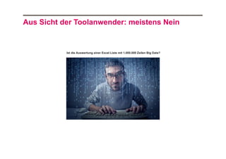 Aus Sicht der Toolanwender: meistens Nein

Ist die Auswertung einer Excel Liste mit 1.000.000 Zeilen Big Data?

 