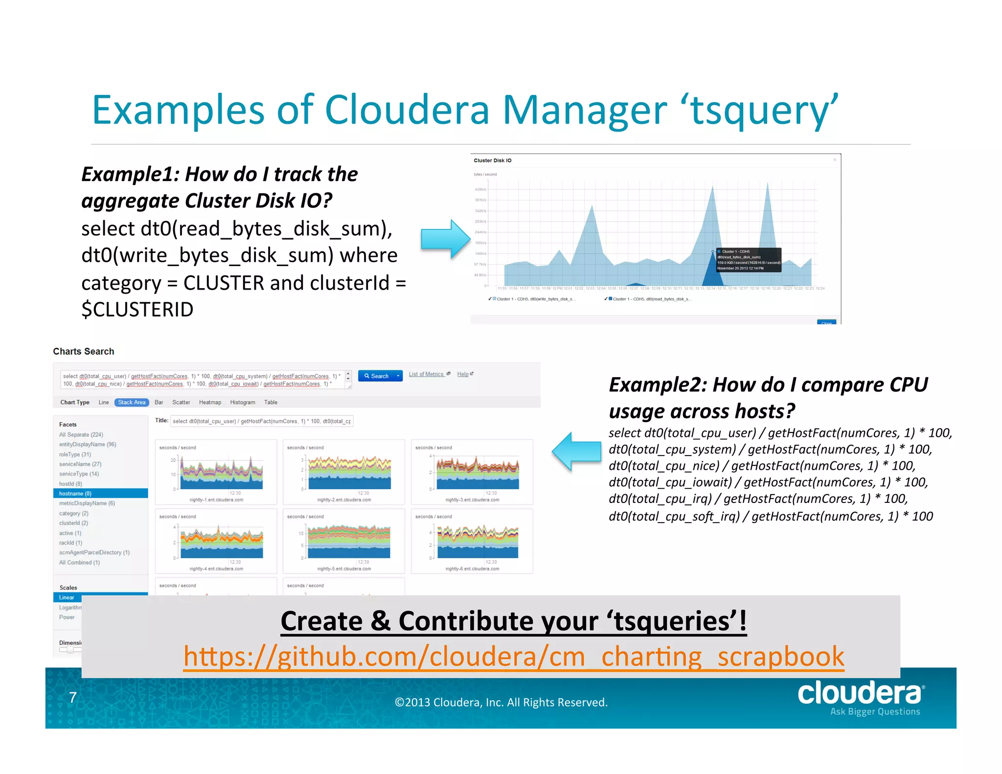 Examples	
  of	
  Cloudera	
  Manager	
  ‘tsquery’	
  
Example1:	
  How	
  do	
  I	
  track	
  the	
  
	
  
aggregate	
  Cluster	
  Disk	
  IO?	
  
	
  
select	
  dt0(read_bytes_disk_sum),	
  
dt0(write_bytes_disk_sum)	
  where	
  
category	
  =	
  CLUSTER	
  and	
  clusterId	
  =	
  
$CLUSTERID	
  
Example2:	
  How	
  do	
  I	
  compare	
  CPU	
  
usage	
  across	
  hosts?	
  

select	
  dt0(total_cpu_user)	
  /	
  getHostFact(numCores,	
  1)	
  *	
  100,	
  
dt0(total_cpu_system)	
  /	
  getHostFact(numCores,	
  1)	
  *	
  100,	
  
dt0(total_cpu_nice)	
  /	
  getHostFact(numCores,	
  1)	
  *	
  100,	
  
dt0(total_cpu_iowait)	
  /	
  getHostFact(numCores,	
  1)	
  *	
  100,	
  
dt0(total_cpu_irq)	
  /	
  getHostFact(numCores,	
  1)	
  *	
  100,	
  
dt0(total_cpu_so`_irq)	
  /	
  getHostFact(numCores,	
  1)	
  *	
  100	
  

Create	
  &	
  Contribute	
  your	
  ‘tsqueries’!	
  
h#ps://github.com/cloudera/cm_charGng_scrapbook	
  
7

©2013	
  Cloudera,	
  Inc.	
  All	
  Rights	
  Reserved.	
  

 