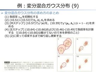 例：変分混合ガウス分布 (9)
 変分混合ガウス分布の求め方のまとめ
(1) 負担率 𝑟𝑛𝑘を初期化する
(2) (10.51)-(10.53)で𝑁𝑘, 𝒙 𝑘, 𝑺 𝑘を求める
(3) [Mステップ] (10.57)で𝑞∗
𝝅 を，(10.59)で𝑞∗
𝝁 𝑘, 𝚲 𝑘 &(𝑘 = 1 ⋯ 𝐾)を求
める
(4) [Eステップ] (10.64)-(10.66)および(10.46)-(10.49)で負担率を計算
する （(10.64)-(10.66)は載せてないので本を参照のこと）
(5) (2)に戻って収束するまで繰り返し更新する
 