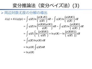 変分推論法（変分ベイズ法）(3)
 周辺対数尤度の分解の導出
ℒ 𝑞 + 𝐾𝐿 𝑞||𝑝 &= 𝑞 𝒁 ln
𝑝 𝑿, 𝒁
𝑞 𝒁
𝑑𝒁 − 𝑞 𝒁 ln
𝑝 𝒁|𝑿
𝑞 𝒁
𝑑𝒁
&= 𝑞 𝒁 ln
𝑝 𝒁|𝑿 𝑝 𝑿
𝑞 𝒁
𝑑𝒁 − 𝑞 𝒁 ln
𝑝 𝒁|𝑿
𝑞 𝒁
𝑑𝒁
&= 𝑞 𝒁 ln
𝑝 𝒁|𝑿
𝑞 𝒁
+ ln 𝑝 𝑿 − ln
𝑝 𝒁|𝑿
𝑞 𝒁
𝑑𝒁
&= 𝑞 𝒁 ln 𝑝 𝑿 𝑑𝒁
&= ln 𝑝 𝑿 𝑞 𝒁 𝑑𝒁
&= ln 𝑝 𝑿
 