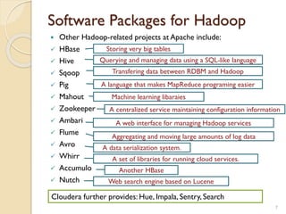 Software Packages for Hadoop
 Other Hadoop-related projects at Apache include:
 HBase
 Hive
 Sqoop
 Pig
 Mahout
 Zookeeper
 Ambari
 Flume
 Avro
 Whirr
 Accumulo
 Nutch
7
Cloudera further provides: Hue, Impala, Sentry, Search
Storing very big tables
Querying and managing data using a SQL-like language
Transfering data between RDBM and Hadoop
A language that makes MapReduce programing easier
Machine learning libaraies
A centralized service maintaining configuration information
A web interface for managing Hadoop services
Aggregating and moving large amounts of log data
A data serialization system.
A set of libraries for running cloud services.
Another HBase
Web search engine based on Lucene
 
