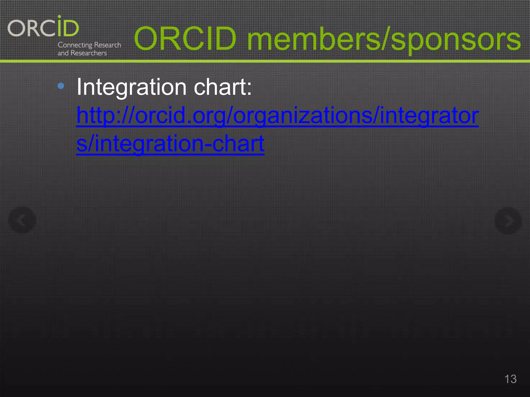 ORCID members/sponsors
• Integration chart:
http://orcid.org/organizations/integrator
s/integration-chart

13

 
