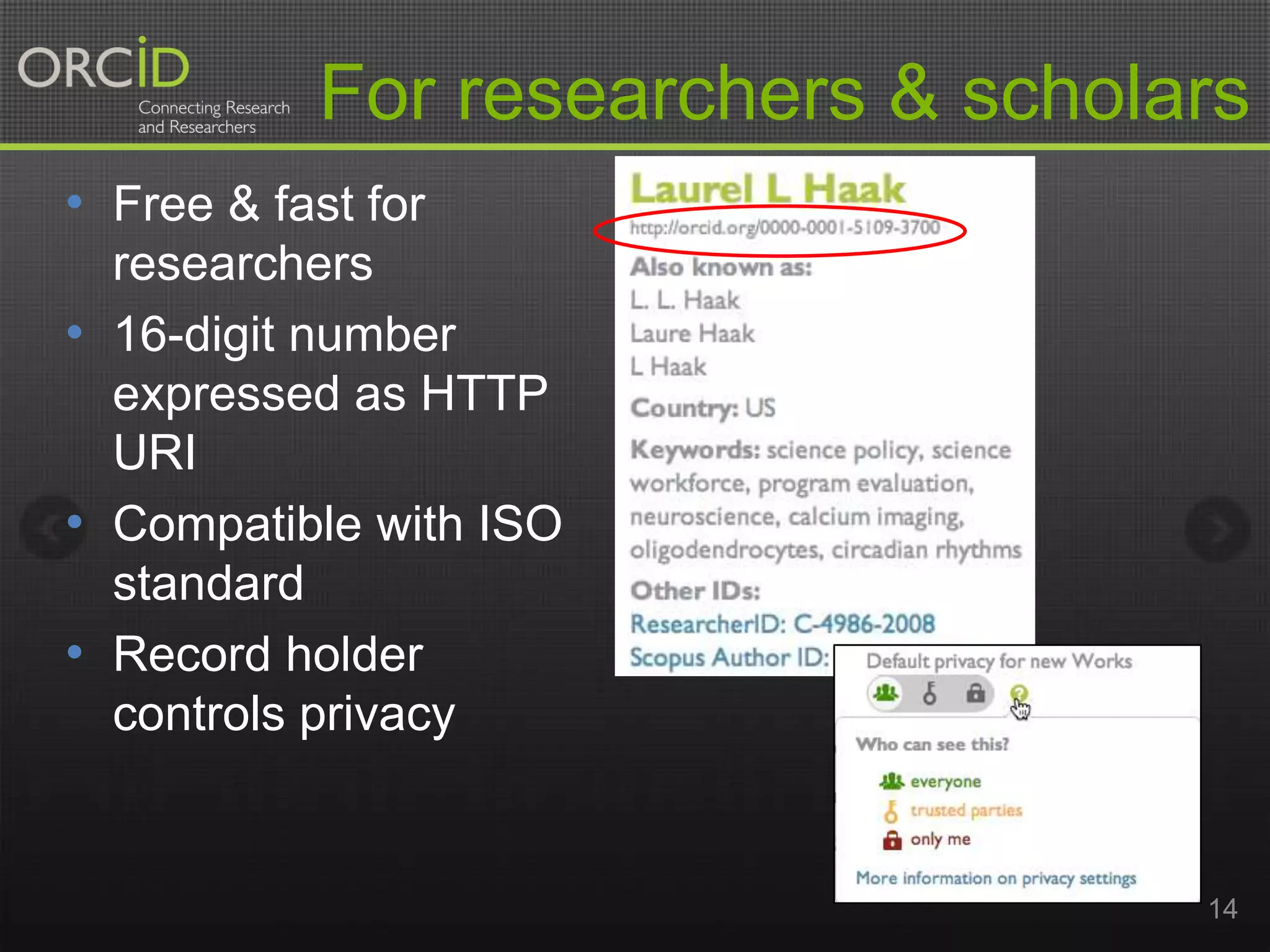 For researchers & scholars
• Free & fast for
researchers
• 16-digit number
expressed as HTTP
URI
• Compatible with ISO
standard
• Record holder
controls privacy

14

 