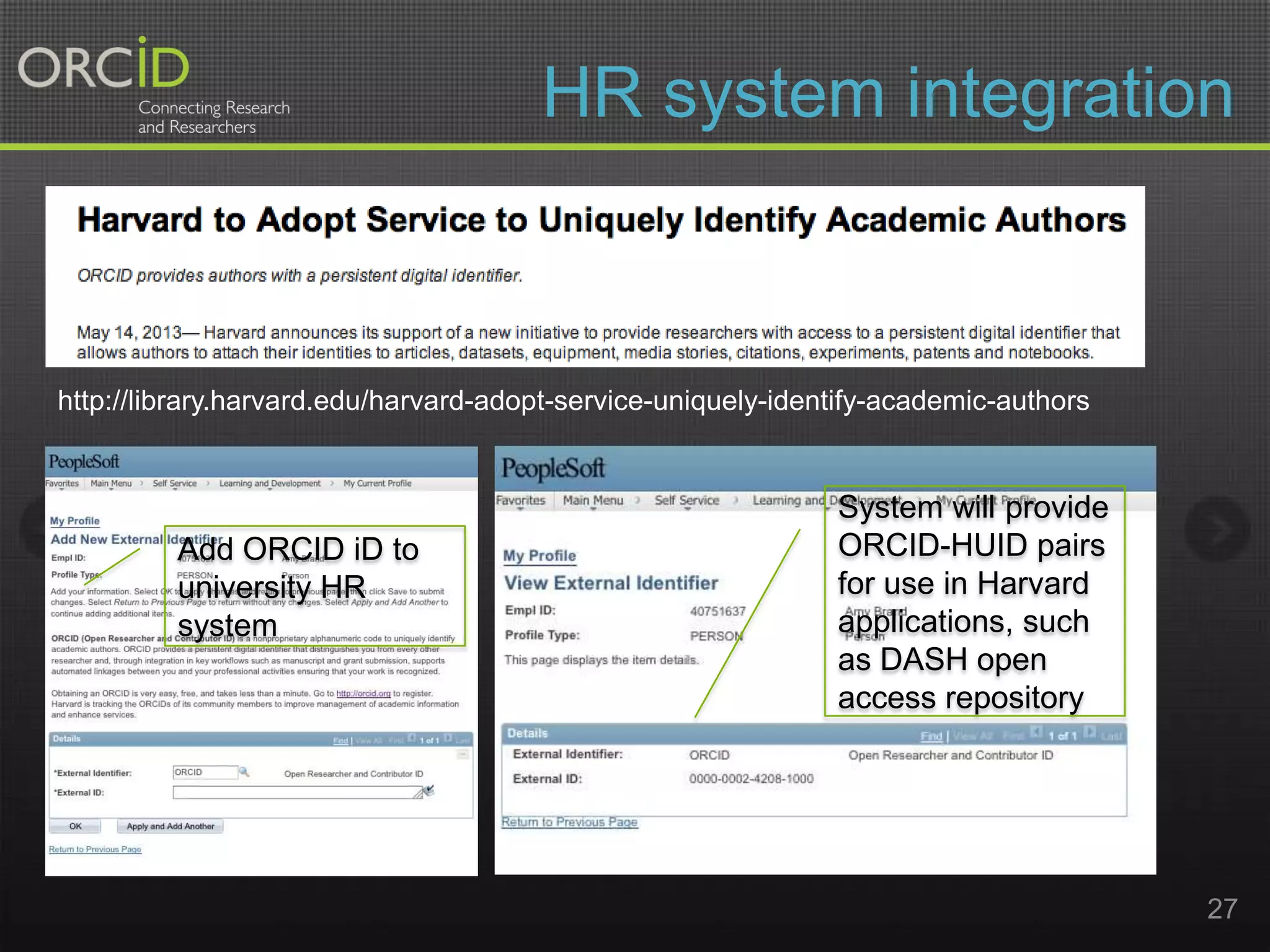 HR system integration

http://library.harvard.edu/harvard-adopt-service-uniquely-identify-academic-authors

Add ORCID iD to
university HR
system

System will provide
ORCID-HUID pairs
for use in Harvard
applications, such
as DASH open
access repository

27

 