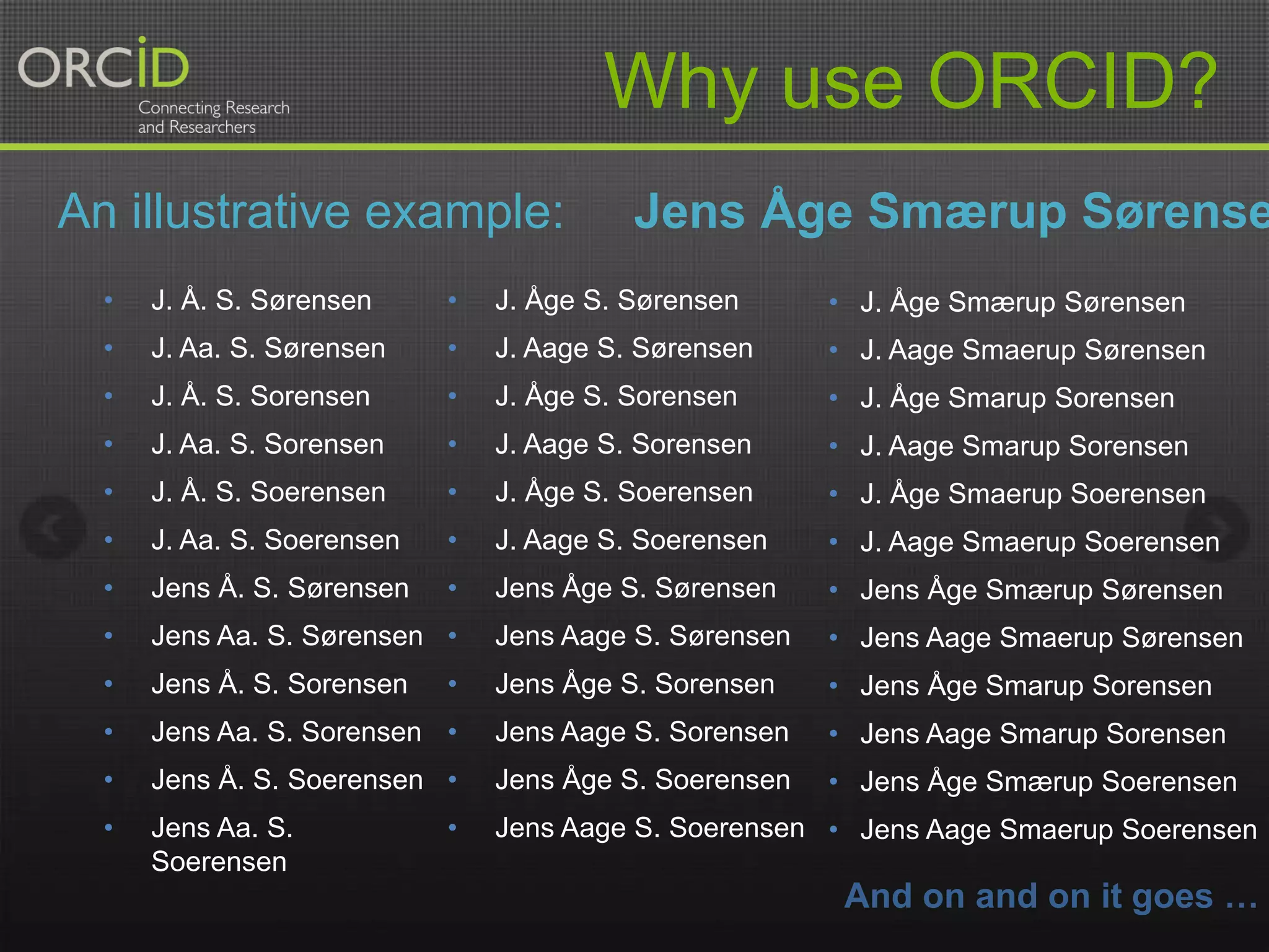 Why use ORCID?
An illustrative example:

Jens Åge Smærup Sørense

•

J. Å. S. Sørensen

•

J. Åge S. Sørensen

• J. Åge Smærup Sørensen

•

J. Aa. S. Sørensen

•

J. Aage S. Sørensen

• J. Aage Smaerup Sørensen

•

J. Å. S. Sorensen

•

J. Åge S. Sorensen

• J. Åge Smarup Sorensen

•

J. Aa. S. Sorensen

•

J. Aage S. Sorensen

• J. Aage Smarup Sorensen

•

J. Å. S. Soerensen

•

J. Åge S. Soerensen

• J. Åge Smaerup Soerensen

•

J. Aa. S. Soerensen

•

J. Aage S. Soerensen

• J. Aage Smaerup Soerensen

•

Jens Å. S. Sørensen

•

Jens Åge S. Sørensen

• Jens Åge Smærup Sørensen

•

Jens Aa. S. Sørensen •

Jens Aage S. Sørensen

• Jens Aage Smaerup Sørensen

•

Jens Å. S. Sorensen

Jens Åge S. Sorensen

• Jens Åge Smarup Sorensen

•

Jens Aa. S. Sorensen •

Jens Aage S. Sorensen

• Jens Aage Smarup Sorensen

•

Jens Å. S. Soerensen •

Jens Åge S. Soerensen

• Jens Åge Smærup Soerensen

•

Jens Aa. S.
Soerensen

•

•

Jens Aage S. Soerensen • Jens Aage Smaerup Soerensen

And on and on it goes …

 
