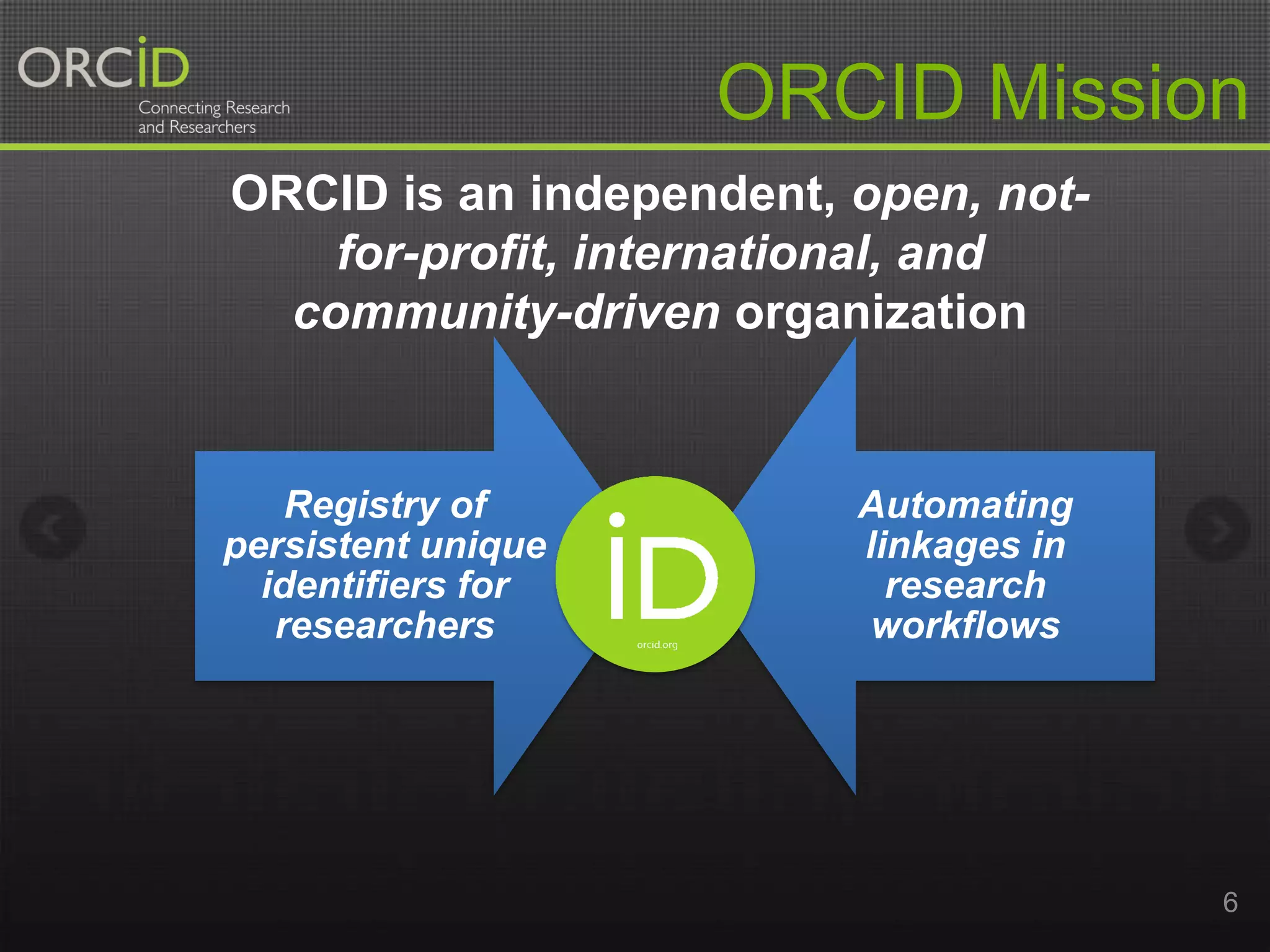 ORCID Mission
ORCID is an independent, open, notfor-profit, international, and
community-driven organization

Registry of
persistent unique
identifiers for
researchers

Automating
linkages in
research
workflows

6

 