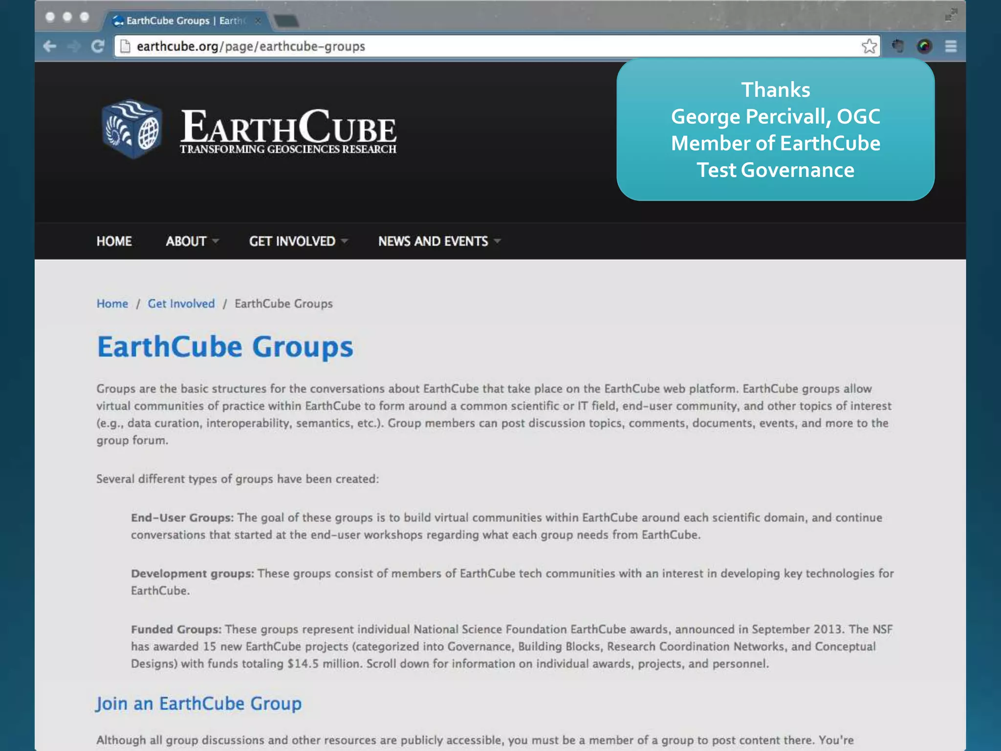 Thanks
George Percivall, OGC
Member of EarthCube
Test Governance

 