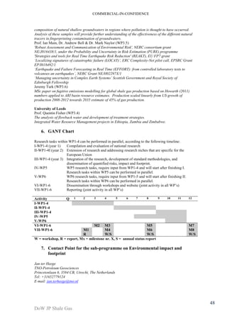 COMMERCIAL-IN-CONFIDENCE 
DoW JP Shale Gas 
48 
composition of natural shallow groundwaters in regions where pollution is thought to have occurred. 
Analysis of these samples will provide further understanding of the effectiveness of the different natural 
tracers in fingerprinting contamination of groundwaters. 
Prof. Ian Main, Dr. Andrew Bell & Dr. Mark Naylor (WP3.5) 
'Robust Assessment and Communication of Environmental Risk', NERC consortium grant 
NE/J016438/1, under the Probability and Uncertainty in Risk Estimation (PURE) programme 
'Strategies and tools for Real Time Earthquake Risk Reduction' (REAKT), EU FP7 grant 
‘Localizing signatures of catastrophic failure (LOCAT)’, ERC Complexity-Net pilot call, EPSRC Grant 
EP/I018492/1 
‘Earthquake and Failure Forecasting in Real Time (EFFORT): from controlled laboratory tests to 
volcanoes an earthquakes’, NERC Grant NE/H02297X/1 
‘Managing uncertainty in Complex Earth Systems’ Scottish Government and Royal Society of 
Edinburgh Fellowship 
Jeremy Turk (WP3.6) 
MSc paper on fugitive emissions modelling for global shale gas production based on Howarth (2011) 
numbers applied to ARI basin resource estimates. Production scaled linearly from US growth of 
production 2008-2012 towards 2035 estimate of 45% of gas production. 
University of Leeds 
Prof. Quentin Fisher (WP3.4) 
The analysis of flowback water and development of treatment strategies. 
Integrated Water Resource Management projects in Ethiopia, Zambia and Zimbabwe. 
6. GANT Chart 
Research tasks within WP1-4 can be performed in parallel, according to the following timeline: 
I-WP1-4 (year 1) Compilation and evaluation of national research 
II-WP1-4I (year 2) Extension of research and addressing research niches that are specific for the 
European Union 
III-WP1-4 (year 3) Integration of the research, development of standard methodologies, and 
dissemination of quantified risks, impact and footprint. 
IV-WP5 WP5 research tasks, require input from WP1-4 and will start after finishing I. 
Research tasks within WP5 can be performed in parallel. 
V-WP6 WP6 research tasks, require input from WP1-5 and will start after finishing II. 
Research tasks within WP6 can be performed in parallel. 
VI-WP1-6 Dissemination through workshops and website (joint activity in all WP’s) 
VII-WP1-6 Reporting (joint activity in all WP’s) 
Activity Q 1 2 3 4 5 6 7 8 9 10 11 12 
I-WP1-4 
II-WP1-4 
III-WP1-4 
IV-WP5 
V-WP6 
VI-WP1-6 M2 M3 M5 M7 
VII-WP1-6 M1 M4 M6 M8 
R W/S W/S W/S 
W = workshop, R = report, Mx = milestone nr. X, S = annual status report 
7. Contact Point for the sub-programme on Environmental impact and 
footprint 
Jan ter Heege 
TNO-Petroleum Geosciences 
Princetonlaan 6, 3584 CB, Utrecht, The Netherlands 
Tel: +31652779124 
E-mail: jan.terheege@tno.nl 
 