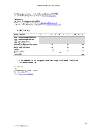 COMMERCIAL-IN-CONFIDENCE 
DoW JP Shale Gas 
55 
Polish Geological Institute – National Research Institute (PGI-NRI) 
Dr. Anna Becker, Energy Security Program, anna.becker@pgi.gov.p l 
UK institutes: 
UK Energy Research Centre (UKERC) 
Prof. John Loughhead- Executive Director, j.loughhead@ukerc.ac.uk 
Dr. Nicola Combe- Knowledge Exchange Associate, n.combe@ukerc.ac.uk 
6. GANT Chart 
Activity / Quarters 1 2 
3 4 5 6 7 8 9 10 11 12 
WP1: Emissions from Pre-production 
WP2: Emissions from Production 
WP3: Ambient emissions 
WP4: Reporting framework 
Report with the identification of all possible 
sources and types of emissions 
M1 M1 M1 
Annual report of activities M2 M2 M2 
Website M3 
Annual workshop M4 M4 M4 
Research agenda M5 
Final Report M6 
7. Contact Point for the sub-programme on Energy and Carbon Efficiencies 
and Emissions to Air 
Dulce Boavida 
LNEG 
Estrada do Paço do Lumiar, 22, edif. J 
Tel: +351 210924778 
E-mail: dulce.boavida@lneg.pt 
 