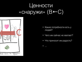 Ценности
«снаружи» (B←C)

C

•

Какие потребности есть у
людей?

•

Чего им сейчас не хватает?

•

Что приносит им радость?

•

...

 