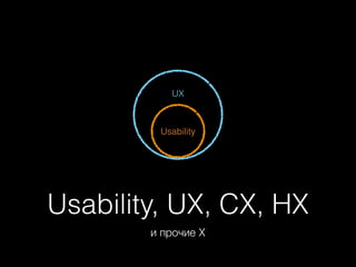 UX
!
!
!
Usability

Usability, UX, CX, HX
и прочие X

 