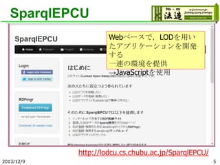 SparqlEPCU
Webベースで，LODを用い
たアプリケーションを開発
する
一連の環境を提供
→JavaScriptを使用

http://lodcu.cs.chubu.ac.jp/SparqlEPCU/
2013/12/9

5

 