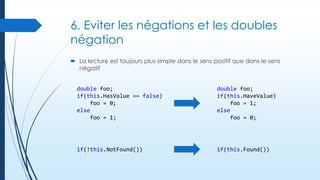 6. Eviter les négations et les doubles
négation
 La lecture est toujours plus simple dans le sens positif que dans le sens
négatif
double foo;
if(this.HasValue == false)
foo = 0;
else
foo = 1;

double foo;
if(this.HaveValue)
foo = 1;
else
foo = 0;

if(!this.NotFound())

if(this.Found())

 