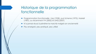 Historique de la programmation
fonctionnelle
 Programmation fonctionnelle : Lisp (1958), puis Scheme (1975), Haskell
(1987), ou récemment F# (2002) et LINQ (2007)
 N’a jamais réussi à pénétrer le marché malgré son ancienneté
 Peu enseigné, peu pratiqué, peu utilisé

 