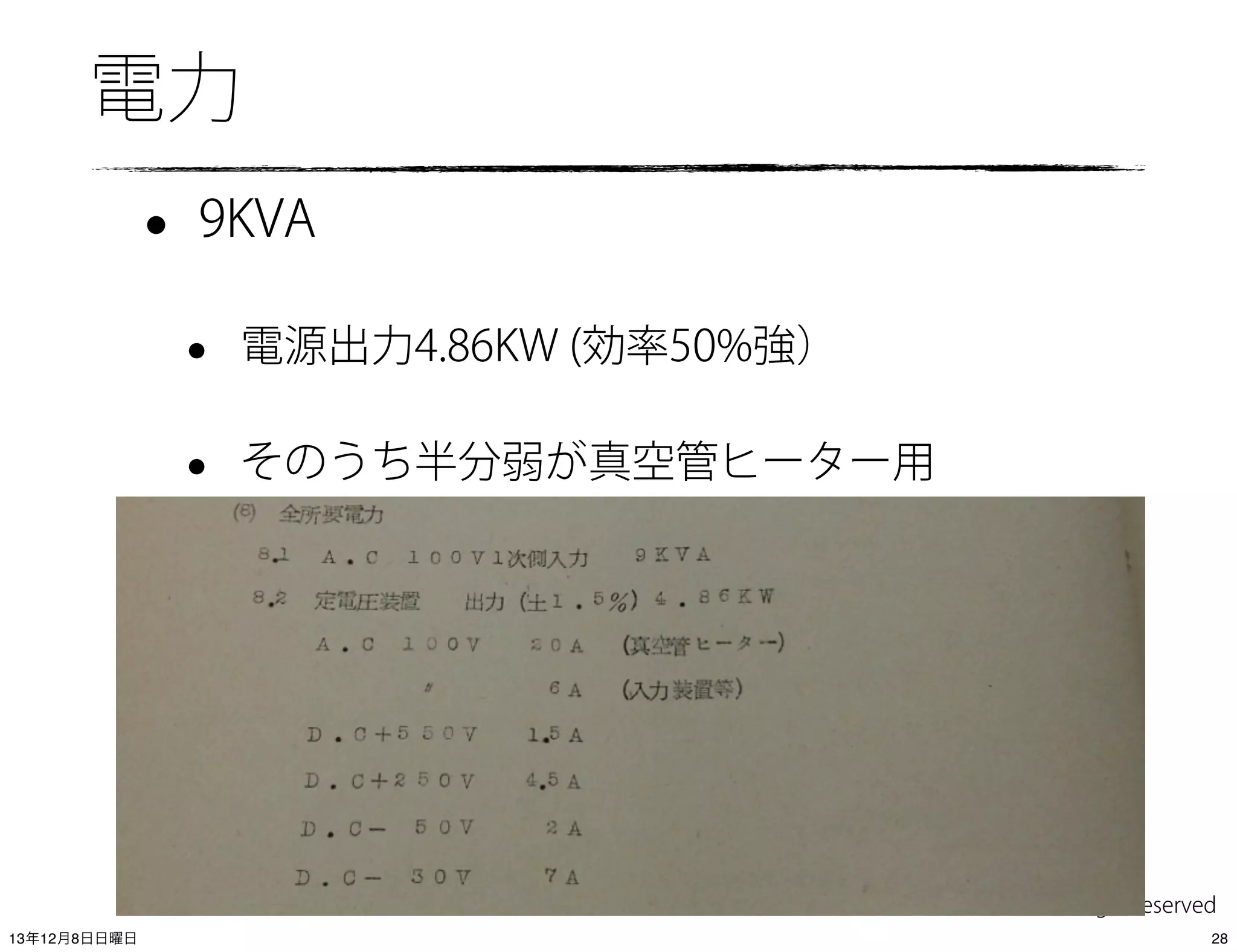 電力

•

9KVA

•

電源出力4.86KW (効率50%強）

•

そのうち半分弱が真空管ヒーター用

(C) 2013 IIJ Innovation Institute, All right reserved
13年12月8日日曜日

28

 