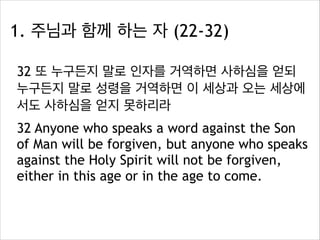 1. 주님과 함께 하는 자 (22-32)
32 또 누구든지 말로 인자를 거역하면 사하심을 얻되
누구든지 말로 성령을 거역하면 이 세상과 오는 세상에
서도 사하심을 얻지 못하리라
32 Anyone who speaks a word against the Son
of Man will be forgiven, but anyone who speaks
against the Holy Spirit will not be forgiven,
either in this age or in the age to come.

 