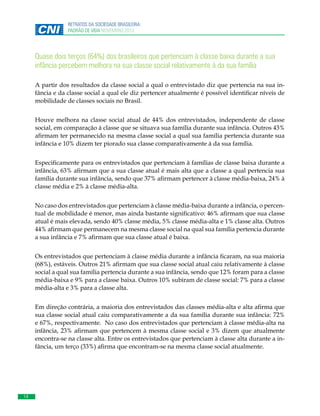 RETRATOS DA SOCIEDADE BRASILEIRA:
PADRÃO DE VIDA NOVEMBRO 2013

Quase dois terços (64%) dos brasileiros que pertenciam à classe baixa durante a sua
infância percebem melhora na sua classe social relativamente à da sua família
A partir dos resultados da classe social a qual o entrevistado diz que pertencia na sua infância e da classe social a qual ele diz pertencer atualmente é possível identificar níveis de
mobilidade de classes sociais no Brasil.
Houve melhora na classe social atual de 44% dos entrevistados, independente de classe
social, em comparação à classe que se situava sua família durante sua infância. Outros 43%
afirmam ter permanecido na mesma classe social a qual sua família pertencia durante sua
infância e 10% dizem ter piorado sua classe comparativamente à da sua família.
Especificamente para os entrevistados que pertenciam à famílias de classe baixa durante a
infância, 63% afirmam que a sua classe atual é mais alta que a classe a qual pertencia sua
família durante sua infância, sendo que 37% afirmam pertencer à classe média-baixa, 24% à
classe média e 2% à classe média-alta.
No caso dos entrevistados que pertenciam à classe média-baixa durante a infância, o percentual de mobilidade é menor, mas ainda bastante significativo: 46% afirmam que sua classe
atual é mais elevada, sendo 40% classe média, 5% classe média-alta e 1% classe alta. Outros
44% afirmam que permanecem na mesma classe social na qual sua família pertencia durante
a sua infância e 7% afirmam que sua classe atual é baixa.
Os entrevistados que pertenciam à classe média durante a infância ficaram, na sua maioria
(68%), estáveis. Outros 21% afirmam que sua classe social atual caiu relativamente à classe
social a qual sua família pertencia durante a sua infância, sendo que 12% foram para a classe
média-baixa e 9% para a classe baixa. Outros 10% subiram de classe social: 7% para a classe
média-alta e 3% para a classe alta.
Em direção contrária, a maioria dos entrevistados das classes média-alta e alta afirma que
sua classe social atual caiu comparativamente a da sua família durante sua infância: 72%
e 67%, respectivamente. No caso dos entrevistados que pertenciam à classe média-alta na
infância, 23% afirmam que pertencem à mesma classe social e 3% dizem que atualmente
encontra-se na classe alta. Entre os entrevistados que pertenciam à classe alta durante a infância, um terço (33%) afirma que encontram-se na mesma classe social atualmente.

14

 
