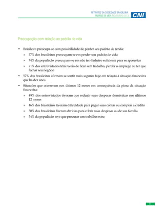 RETRATOS DA SOCIEDADE BRASILEIRA:
PADRÃO DE VIDA NOVEMBRO 2013

Preocupação com relação ao padrão de vida
•	 	 rasileiro preocupa-se com possibilidade de perder seu padrão de renda:
B
»» 	 7% dos brasileiros preocupam-se em perder seu padrão de vida
7
»» 	 4% da população preocupam-se em não ter dinheiro suficiente para se aposentar
7
»» 	 1% dos entrevistados têm receio de ficar sem trabalho, perder o emprego ou ter que
7
fechar seu negócio
•	 	 7% dos brasileiros afirmam se sentir mais seguros hoje em relação à situação financeira
5
que há dez anos
•	 	 ituações que ocorreram nos últimos 12 meses em consequência da piora da situação
S
financeira:
»» 49% dos entrevistados tiveram que reduzir suas despesas domésticas nos últimos
12 meses
»» 	 6% dos brasileiros tiveram dificuldade para pagar suas contas ou compras a crédito
4
»» 	 0% dos brasileiros fizeram dívidas para cobrir suas despesas ou de sua família
3
»» 	 4% da população teve que procurar um trabalho extra
3

11

 