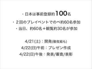 ・日本は事前登録約100名
・２回のプレイベントでのべ約60名参加
・当日、約60名＋観覧約30名が参加
!

4/21(土)：開発(徹夜組も)
4/22(日)午前：プレゼン作成
4/22(日)午後：発表/審査/表彰

 