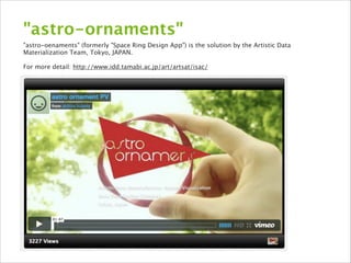 "astro-ornaments"
"astro-oenaments" (formerly "Space Ring Design App") is the solution by the Artistic Data
Materialization Team, Tokyo, JAPAN.

!

For more detail: http://www.idd.tamabi.ac.jp/art/artsat/isac/

 
