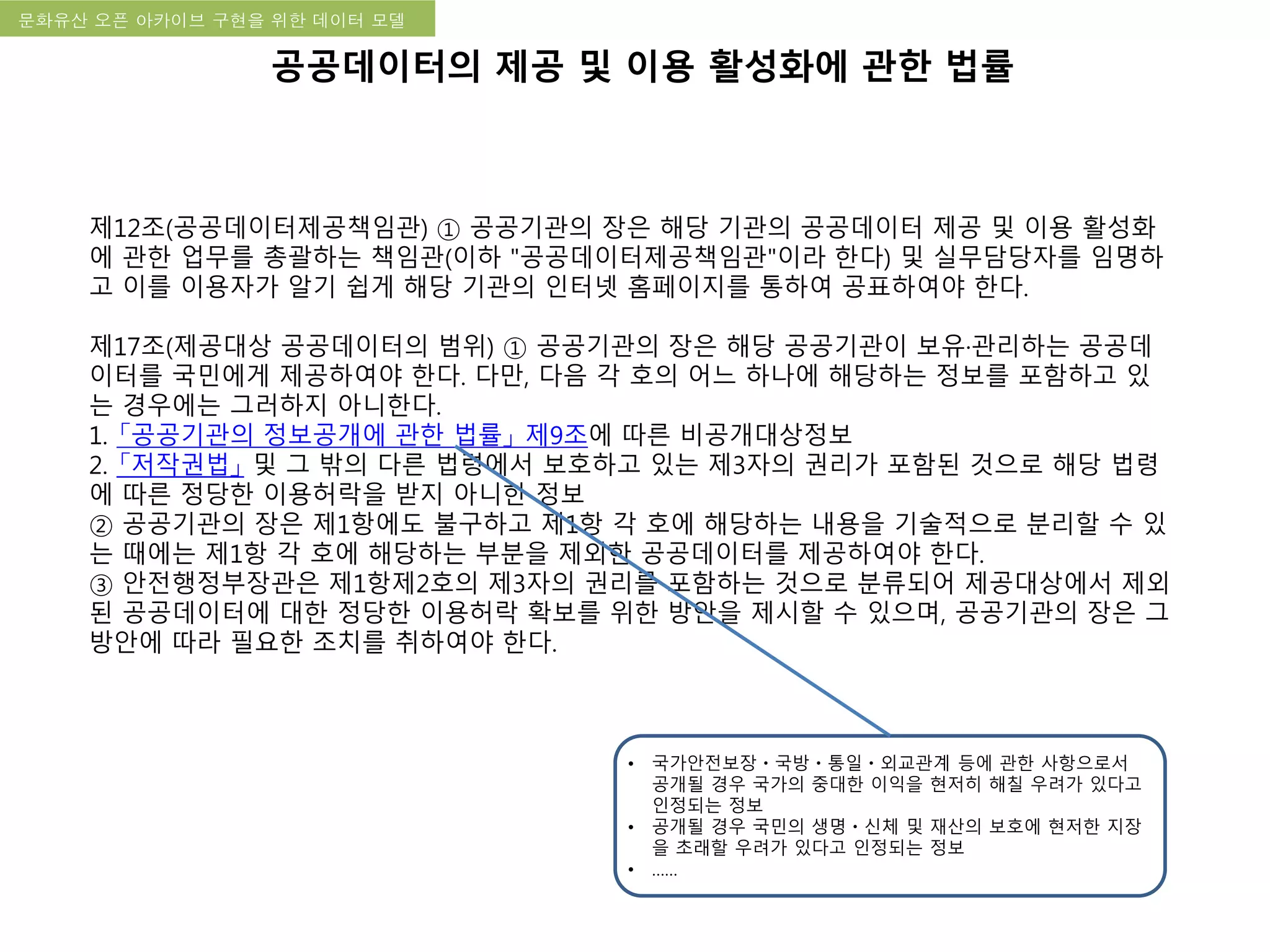 국립한글박물관 디지털 아카이브 구축 기본 구상문화유산 오픈 아카이브 구현을 위한 데이터 모델
공공데이터의 제공 및 이용 활성화에 관한 법률
제12조(공공데이터제공책임관) ① 공공기관의 장은 해당 기관의 공공데이터 제공 및 이용 활성화
에 관한 업무를 총괄하는 책임관(이하 "공공데이터제공책임관"이라 한다) 및 실무담당자를 임명하
고 이를 이용자가 알기 쉽게 해당 기관의 인터넷 홈페이지를 통하여 공표하여야 한다.
제17조(제공대상 공공데이터의 범위) ① 공공기관의 장은 해당 공공기관이 보유·관리하는 공공데
이터를 국민에게 제공하여야 한다. 다만, 다음 각 호의 어느 하나에 해당하는 정보를 포함하고 있
는 경우에는 그러하지 아니한다.
1. 「공공기관의 정보공개에 관한 법률」 제9조에 따른 비공개대상정보
2. 「저작권법」 및 그 밖의 다른 법령에서 보호하고 있는 제3자의 권리가 포함된 것으로 해당 법령
에 따른 정당한 이용허락을 받지 아니한 정보
② 공공기관의 장은 제1항에도 불구하고 제1항 각 호에 해당하는 내용을 기술적으로 분리할 수 있
는 때에는 제1항 각 호에 해당하는 부분을 제외한 공공데이터를 제공하여야 한다.
③ 안전행정부장관은 제1항제2호의 제3자의 권리를 포함하는 것으로 분류되어 제공대상에서 제외
된 공공데이터에 대한 정당한 이용허락 확보를 위한 방안을 제시할 수 있으며, 공공기관의 장은 그
방안에 따라 필요한 조치를 취하여야 한다.
• 국가안전보장ㆍ국방ㆍ통일ㆍ외교관계 등에 관한 사항으로서
공개될 경우 국가의 중대한 이익을 현저히 해칠 우려가 있다고
인정되는 정보
• 공개될 경우 국민의 생명ㆍ신체 및 재산의 보호에 현저한 지장
을 초래할 우려가 있다고 인정되는 정보
• ……
 