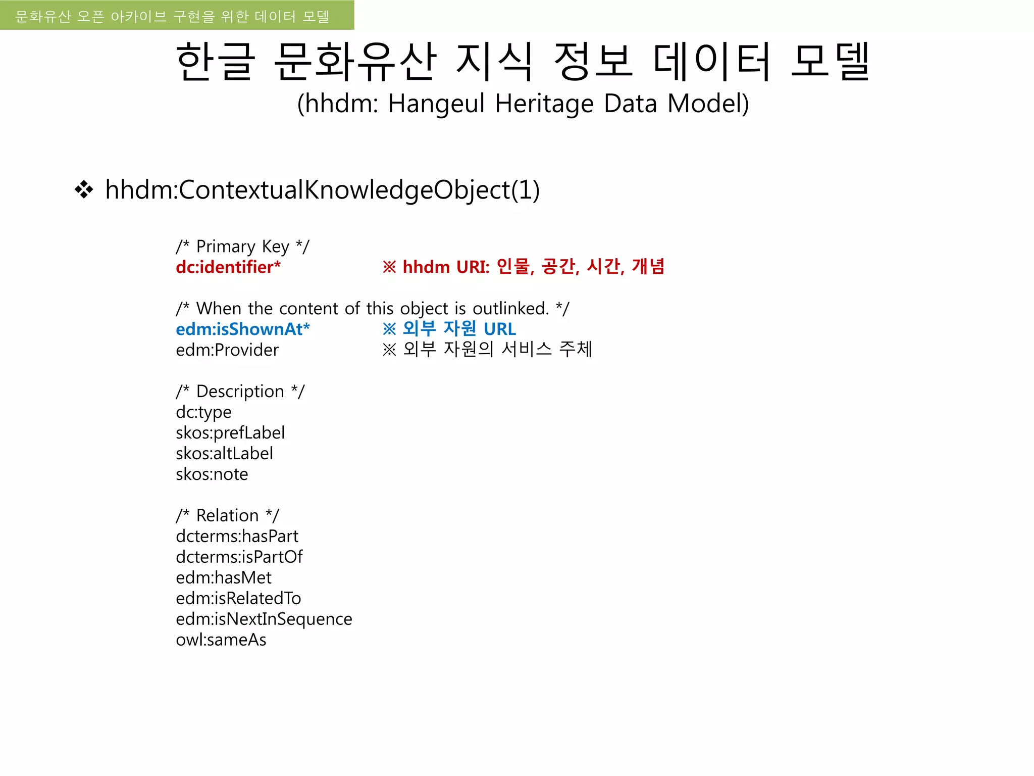 국립한글박물관 디지털 아카이브 구축 기본 구상문화유산 오픈 아카이브 구현을 위한 데이터 모델
한글 문화유산 지식 정보 데이터 모델
(hhdm: Hangeul Heritage Data Model)
 hhdm:ContextualKnowledgeObject(1)
/* Primary Key */
dc:identifier* ※ hhdm URI: 인물, 공간, 시간, 개념
/* When the content of this object is outlinked. */
edm:isShownAt* ※ 외부 자원 URL
edm:Provider ※ 외부 자원의 서비스 주체
/* Description */
dc:type
skos:prefLabel
skos:altLabel
skos:note
/* Relation */
dcterms:hasPart
dcterms:isPartOf
edm:hasMet
edm:isRelatedTo
edm:isNextInSequence
owl:sameAs
 