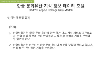 국립한글박물관 디지털 아카이브 구축 기본 구상문화유산 오픈 아카이브 구현을 위한 데이터 모델
[전제]
1. 한글박물관은 (한글 문화 유산에 관한 국가 대표 지식 서비스 기관으로
서) 한글 문화 유산에 관한 망라적인 지식 정보 서비스 기능을 수행할
수 있어야 한다.
2. 한글박물관은 현존하는 한글 문화 유산의 일부를 수집·소장하고 있으며,
이를 보존, 전시하는 기능을 수행한다.
 데이터 모델 설계
한글 문화유산 지식 정보 데이터 모델
(hhdm: Hangeul Heritage Data Model)
 