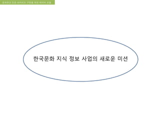 국립한글박물관 디지털 아카이브 구축 기본 구상문화유산 오픈 아카이브 구현을 위한 데이터 모델
한국문화 지식 정보 사업의 새로운 미션
 