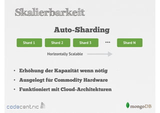 Skalierbarkeit
Auto-Sharding

• Erhöhung der Kapazität wenn nötig
• Ausgelegt für Commodity Hardware
• Funktioniert mit Cloud-Architekturen

 