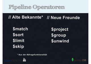 Pipeline Operatoren
// Alte Bekannte* // Neue Freunde
$match
$sort
$limit
$skip
* Aus der Abfragefunktionalität

$project
$group
$unwind

 