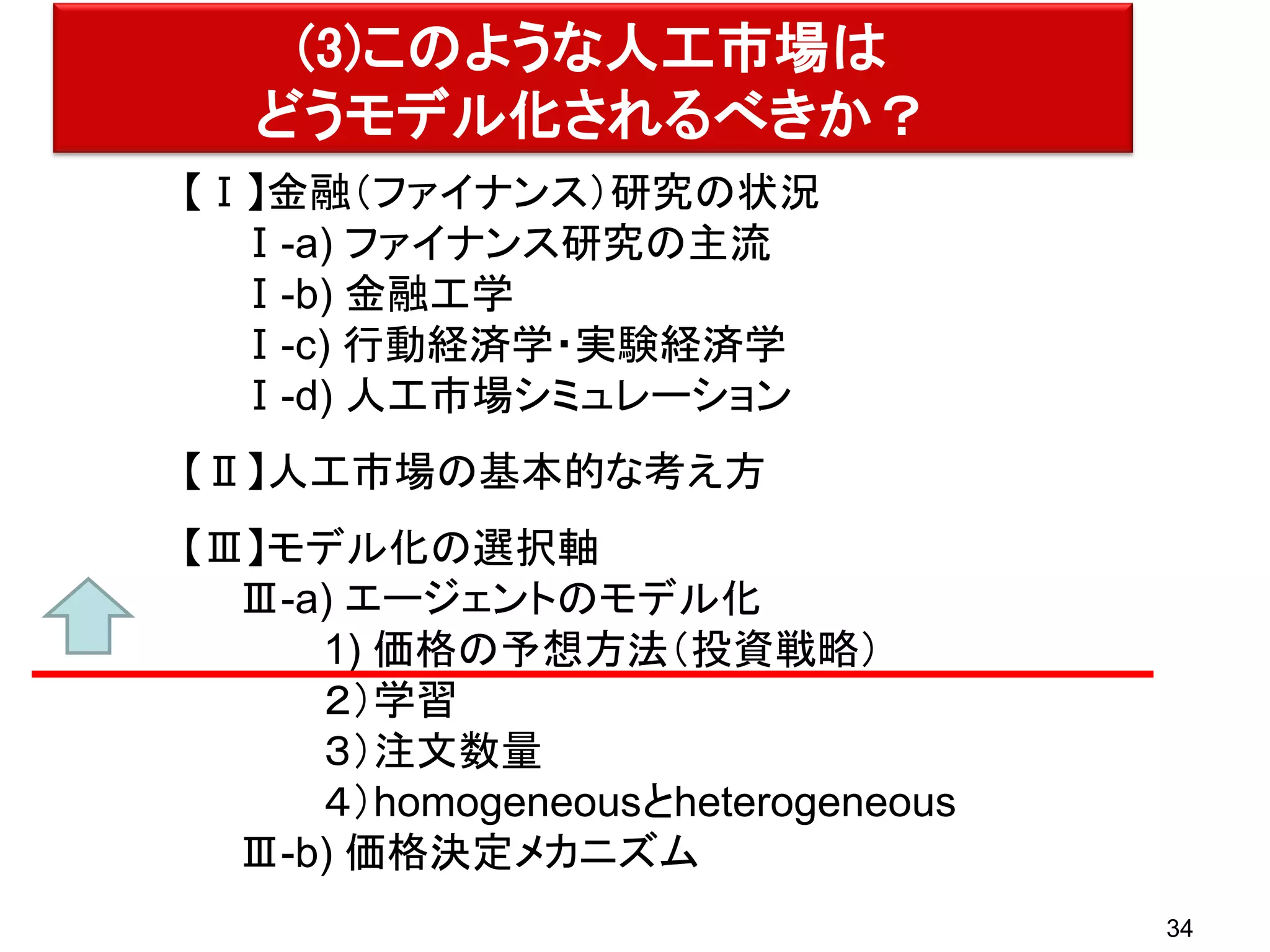 (3)このような人工市場は
どうモデル化されるべきか？
【Ⅰ】金融（ファイナンス）研究の状況
Ⅰ-a) ファイナンス研究の主流
Ⅰ-b) 金融工学
Ⅰ-c) 行動経済学・実験経済学
Ⅰ-d) 人工市場シミュレーション
【Ⅱ】人工市場の基本的な考え方
【Ⅲ】モデル化の選択軸
Ⅲ-a) エージェントのモデル化
1) 価格の予想方法（投資戦略）
２）学習
３）注文数量
４）homogeneousとheterogeneous
Ⅲ-b) 価格決定メカニズム
34

 