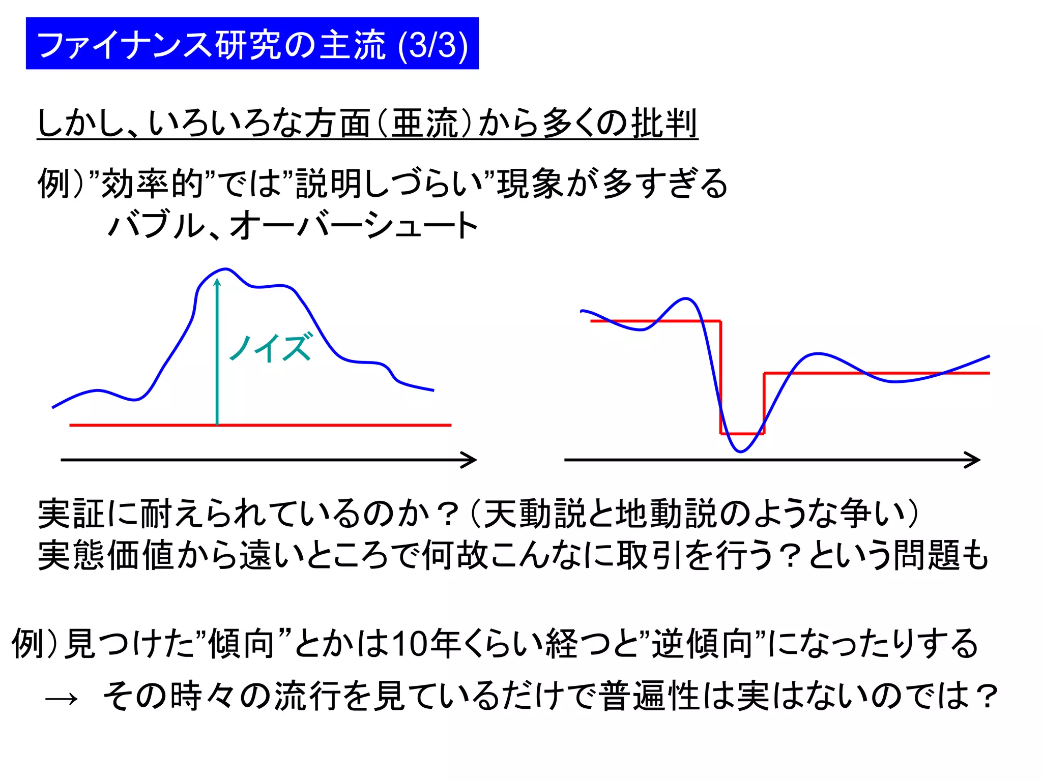 ファイナンス研究の主流 (3/3)
しかし、いろいろな方面（亜流）から多くの批判
例）”効率的”では”説明しづらい”現象が多すぎる
バブル、オーバーシュート

ノイズ

実証に耐えられているのか？（天動説と地動説のような争い）
実態価値から遠いところで何故こんなに取引を行う？という問題も
例）見つけた”傾向”とかは10年くらい経つと”逆傾向”になったりする
→ その時々の流行を見ているだけで普遍性は実はないのでは？

 