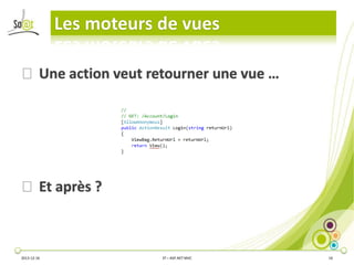 Les moteurs de vues
⦿ Une action veut retourner une vue …

⦿ Et après ?

2013-12-16

3T – ASP.NET MVC

16

 