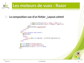 Les moteurs de vues : Razor
⦿ La composition vue d’un fichier _Layout.cshtml

2013-12-16

3T – ASP.NET MVC

20

 