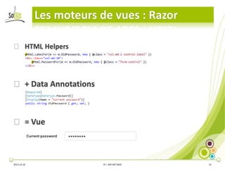 Les moteurs de vues : Razor
⦿ HTML Helpers

⦿ + Data Annotations

⦿ = Vue

2013-12-16

3T – ASP.NET MVC

21

 