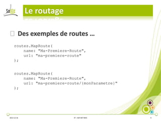 Le routage
⦿ Des exemples de routes …
routes.MapRoute(
name: "Ma-Premiere-Route",
url: "ma-premiere-route"
);
routes.MapRoute(
name: "Ma-Premiere-Route",
url: "ma-premiere-route/{monParametre}"
);

2013-12-16

3T – ASP.NET MVC

9

 