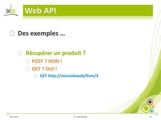 Web API
⦿ Des exemples …
⦿ Récupérer un produit ?
⦿ POST ? NON !
⦿ GET ? OUI !
⦿ GET http://monsiteweb/livre/3

2013-12-16...