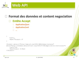 Web API
⦿ Format des données et content negociation
⦿ Entête Accept
⦿ Application/json
⦿ Application/xml
⦿ …
{
"Id":5,
"No...