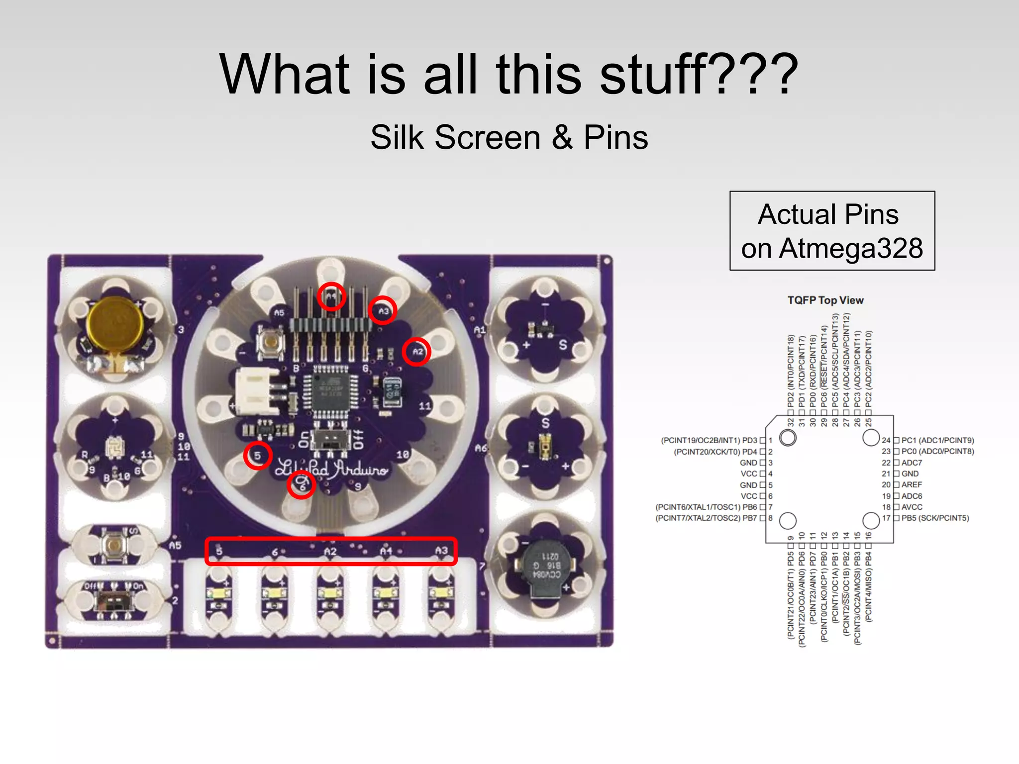 What is all this stuff???
Silk Screen & Pins
Actual Pins
on Atmega328

 