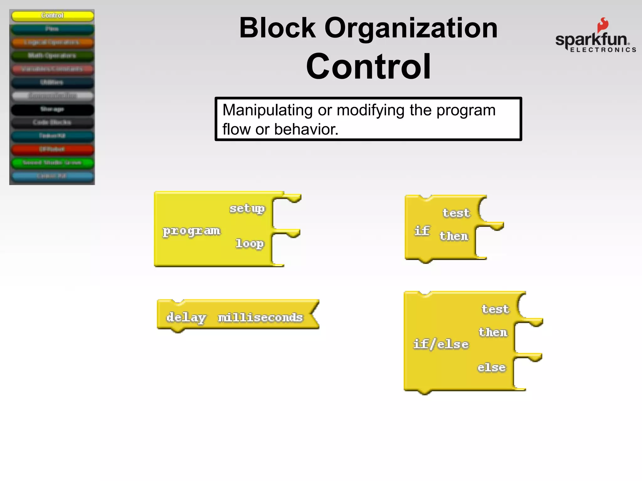 Block Organization

Control
Manipulating or modifying the program
flow or behavior.

 