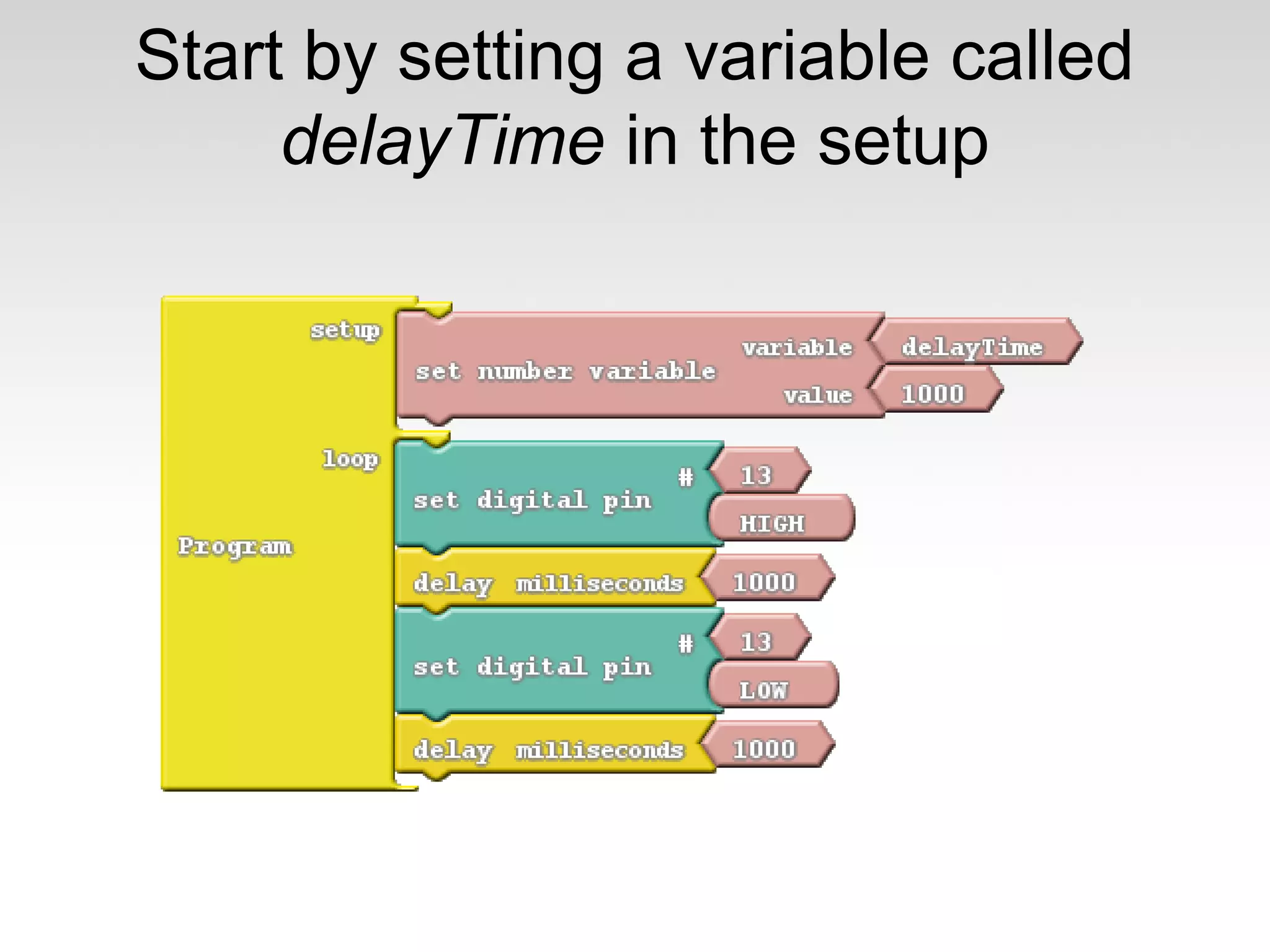 Start by setting a variable called
delayTime in the setup

 