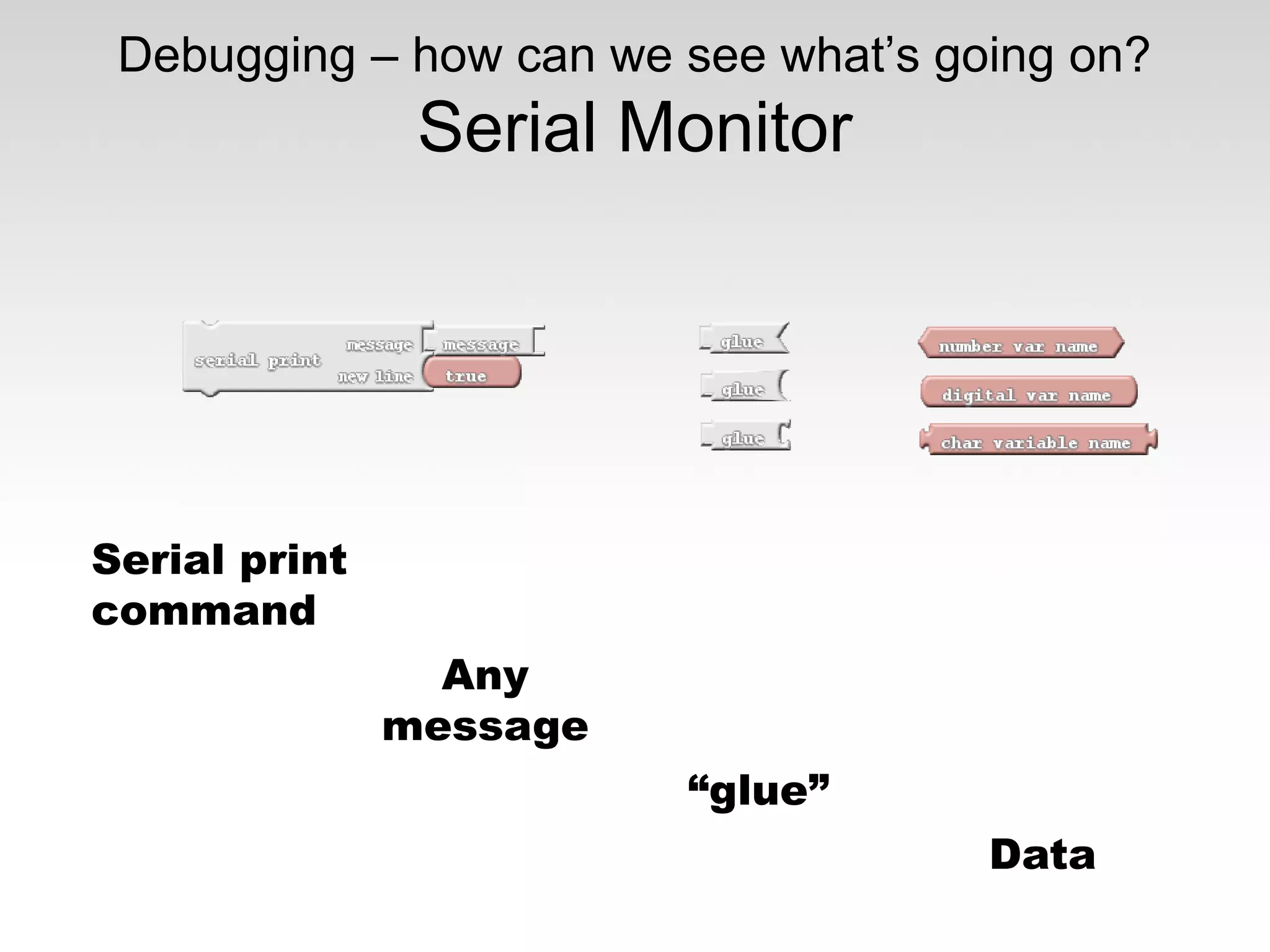 Debugging – how can we see what’s going on?

Serial Monitor

Serial print
command
Any
message
“glue”
Data

 