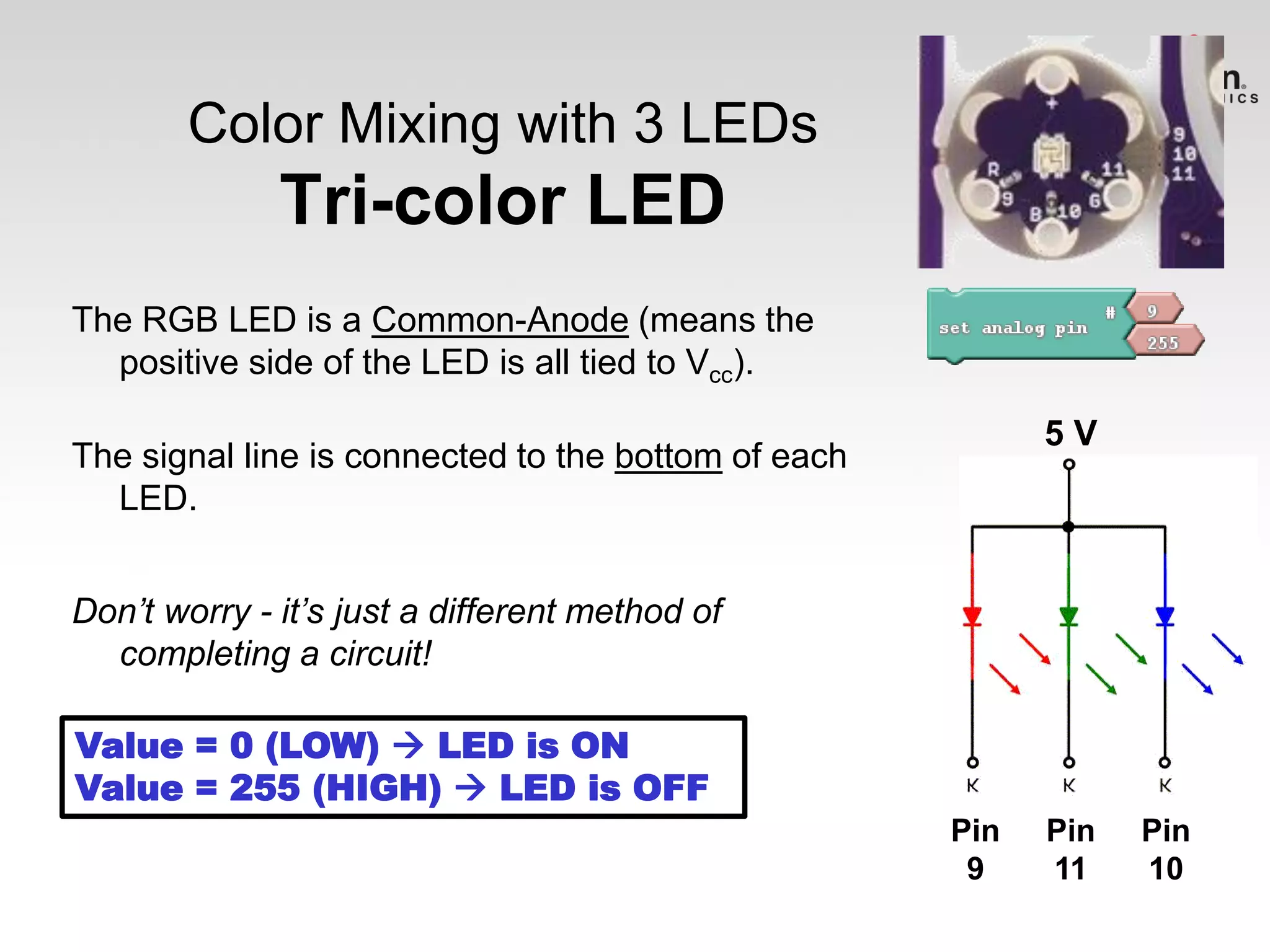 Color Mixing with 3 LEDs

Tri-color LED
The RGB LED is a Common-Anode (means the
positive side of the LED is all tied to Vcc).
5V

The signal line is connected to the bottom of each
LED.
Don’t worry - it’s just a different method of
completing a circuit!
Value = 0 (LOW)  LED is ON
Value = 255 (HIGH)  LED is OFF
Pin
9

Pin
11

Pin
10

 
