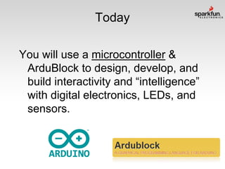 Today
You will use a microcontroller &
ArduBlock to design, develop, and
build interactivity and “intelligence”
with digital electronics, LEDs, and
sensors.

 