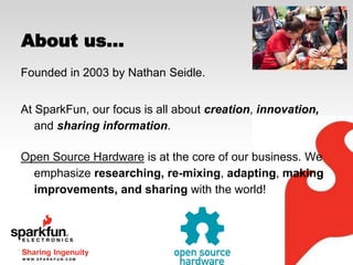 About us...
Founded in 2003 by Nathan Seidle.
At SparkFun, our focus is all about creation, innovation,
and sharing information.
Open Source Hardware is at the core of our business. We
emphasize researching, re-mixing, adapting, making
improvements, and sharing with the world!

 