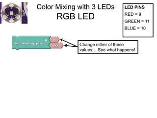 Color Mixing with 3 LEDs

RGB LED

LED PINS
RED = 9
GREEN = 11
BLUE = 10

Change either of these
values… See what happens!

 